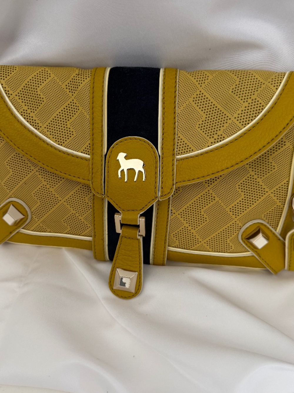 Vintage L.A.M.B. Gwen Stefani Perforated Leather Clutch with Chain Strap Mustard